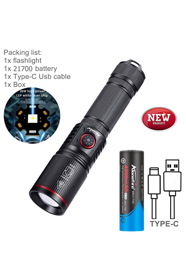 black 21700 Battery Zoom 20W LED Beam Light High Power Flashlight USB Rechargeable Outdoor Powerful
