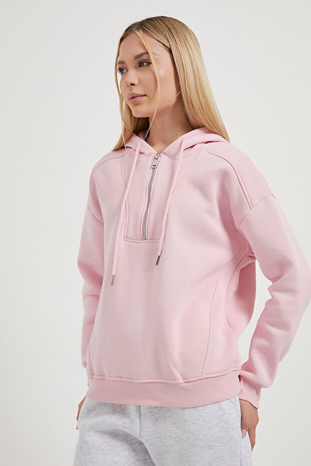 Women's Half Zipper Hooded Pink Loose Sweatshirt