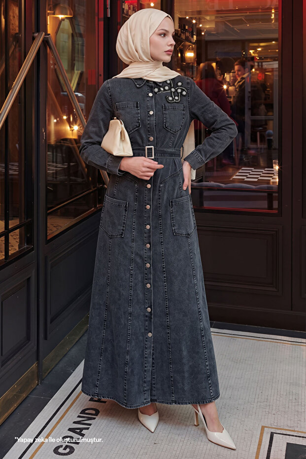Black Denim Dress with Beaded Belt