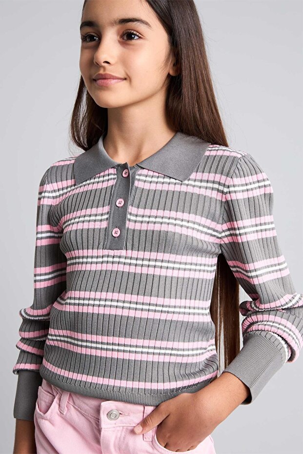 Regular Fit Polo Collar Striped Sweater for Girls I1736A826Au