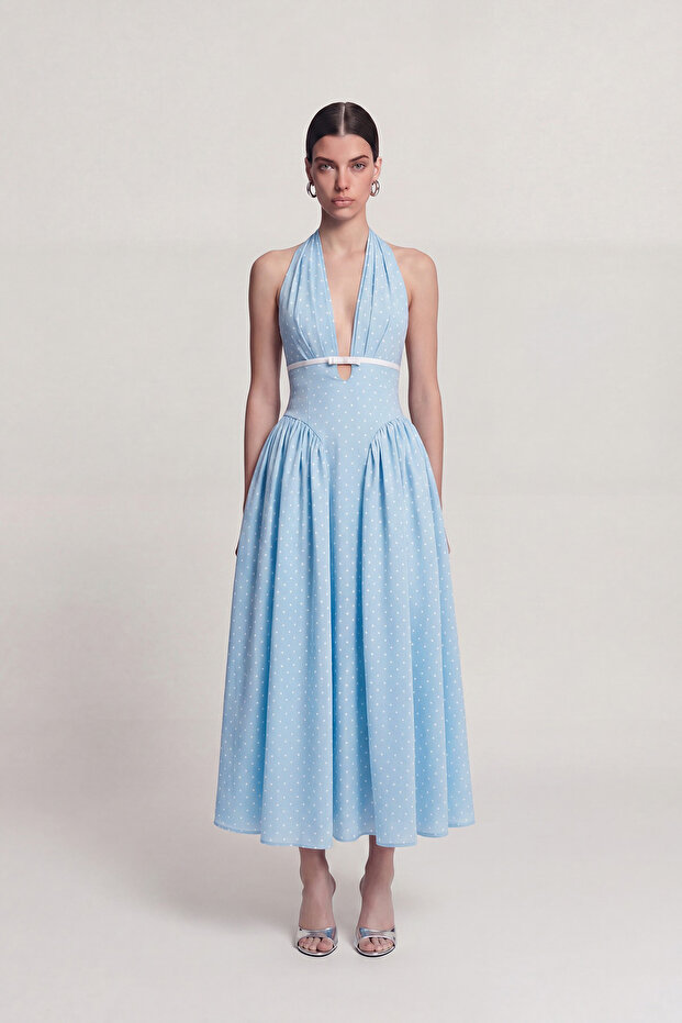 Polka Dot Patterned Halter Neck Zayla Dress with Pockets Blue
