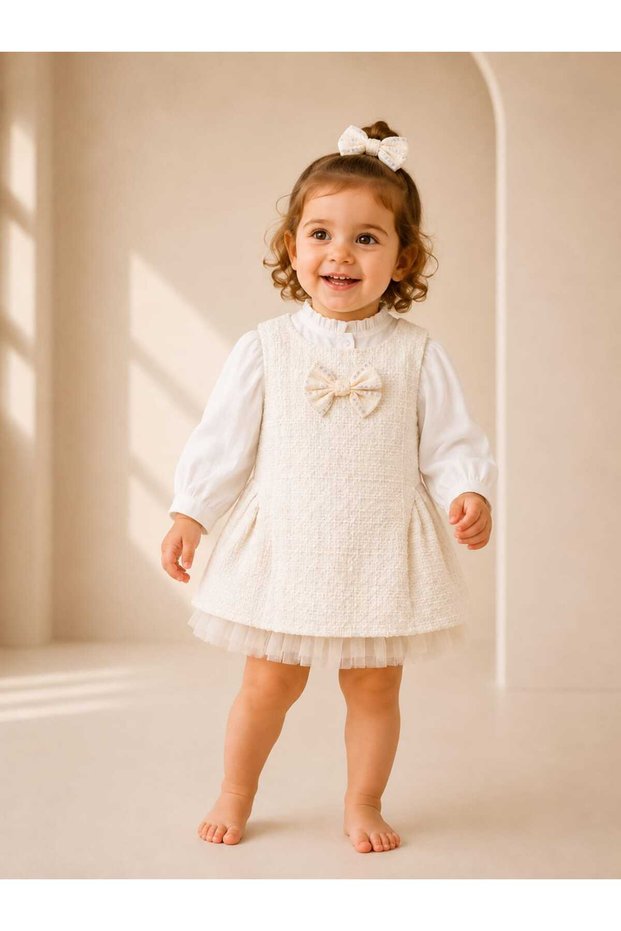 Girl's Ecru Tweed Dress Shirt Set with Bow Detail and Tulle, Ages 2-5