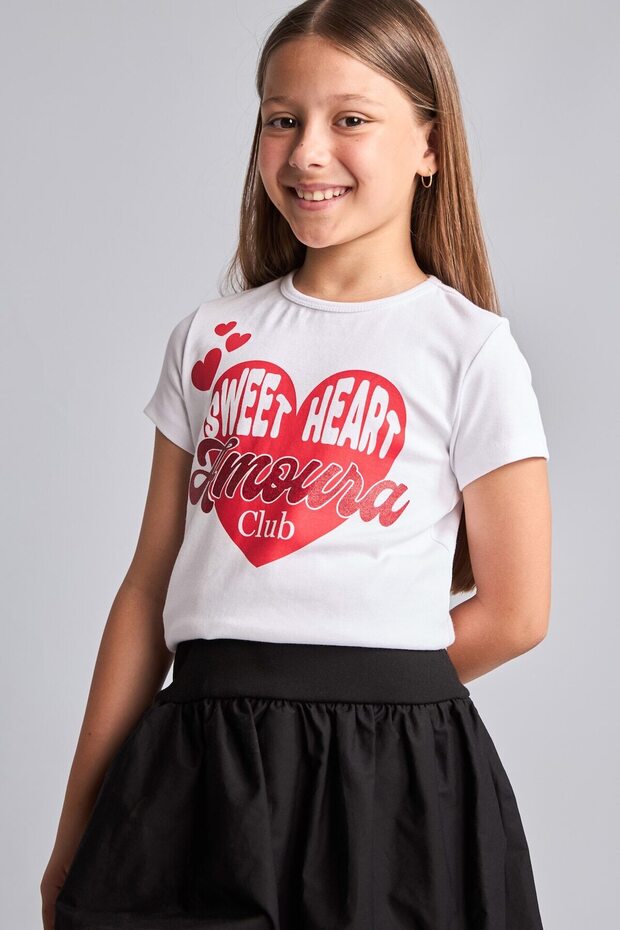 Crew Neck Ribbed Printed Short Sleeve White T-Shirt Girls H9609A826Au
