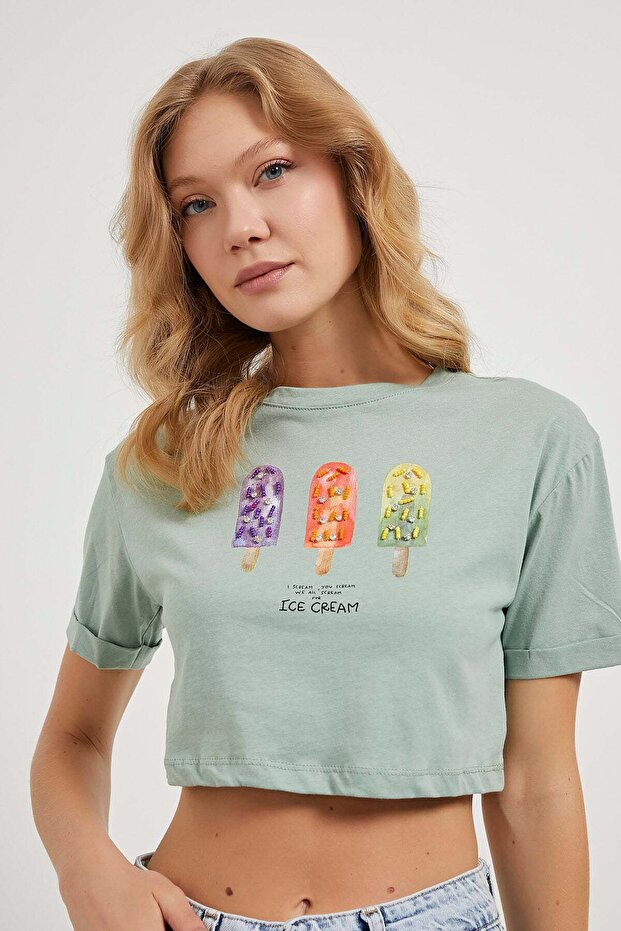 Armalife 4005 ice cream bead embroidered double collar crop women's t-shirt