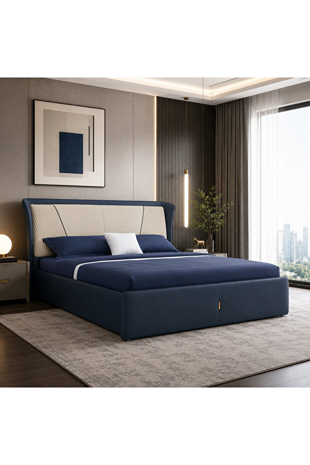 سرير من هاي بوينت، تنجيد ناعم بتصميم عصري مريح، 180 × 200 سم ,لون كحلي مع بيج