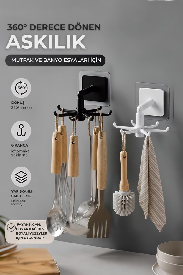 360 Degree Rotating Kitchen Bathroom Hanger with Adhesive No-Punching Hook for under Cabinet and Wall Hanging