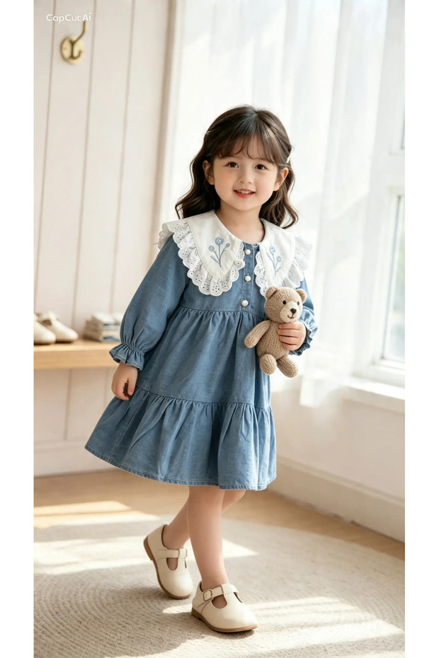 Girl's Denim Dress with Baby Collar and Embroidered Detail, Long Sleeve Special Occasion Dress