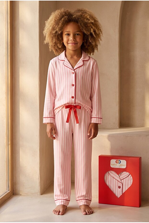 Girls' Heart Boxed Striped Pajama Set Pink