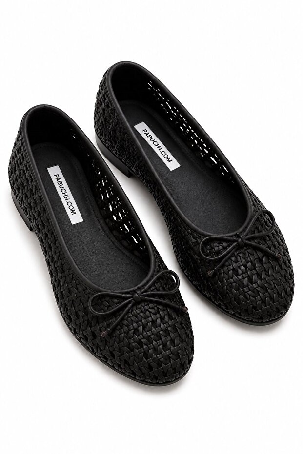 Duro Bowknot Straw Detailed Leather Ballerinas Black