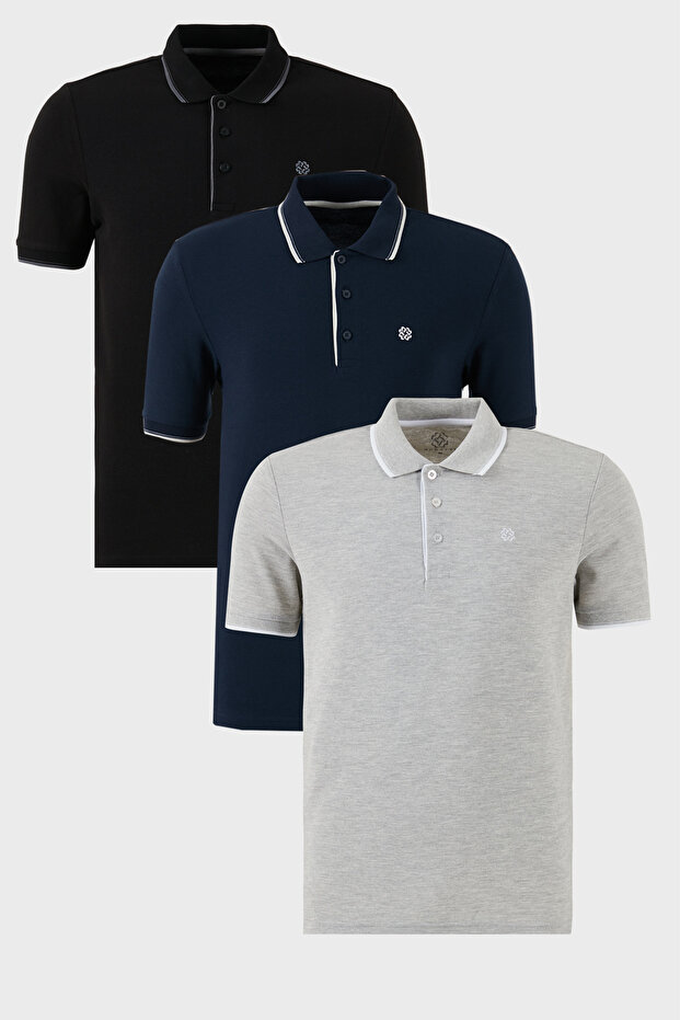 Cotton Regular Fit Stripe Detailed Buttoned Polo Collar 3-Pack t Shirt Men's t Shirt 5902118