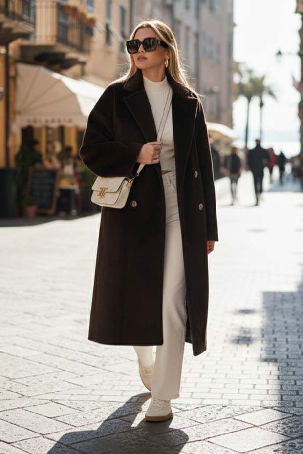 Oversized Double-Breasted Lapel Soft Textured Long Coat Coat 6839610