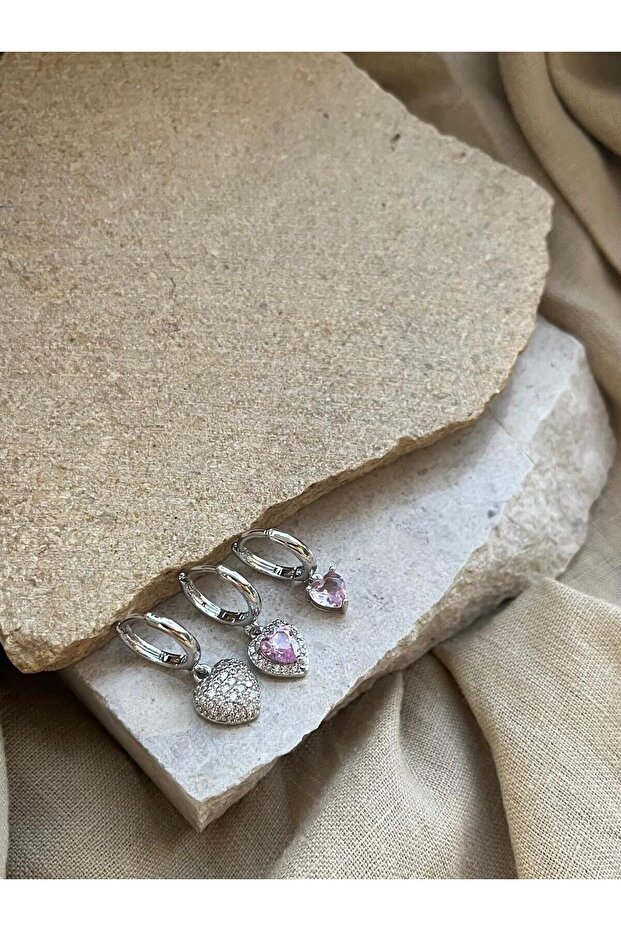 Silver Color Heart Stone Triple Earrings