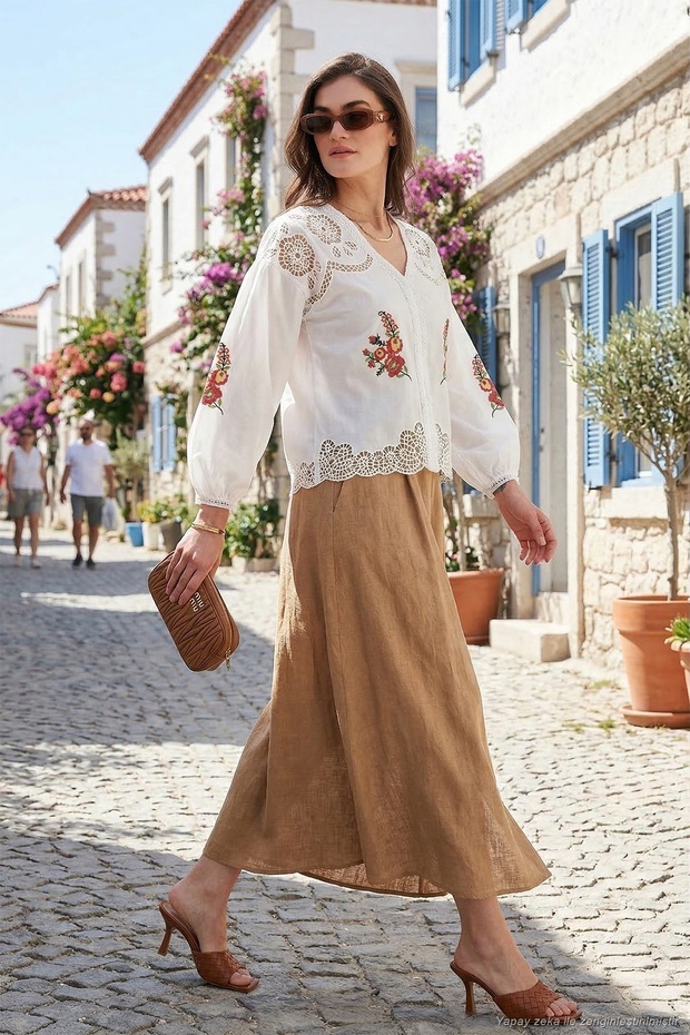 Embroidered Cotton Regular Fit Openwork V-Neck Shirt Shirt 676214