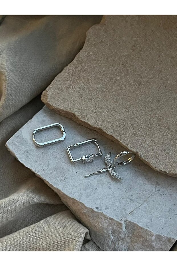 Silver Color Stone Angel Triple Earrings
