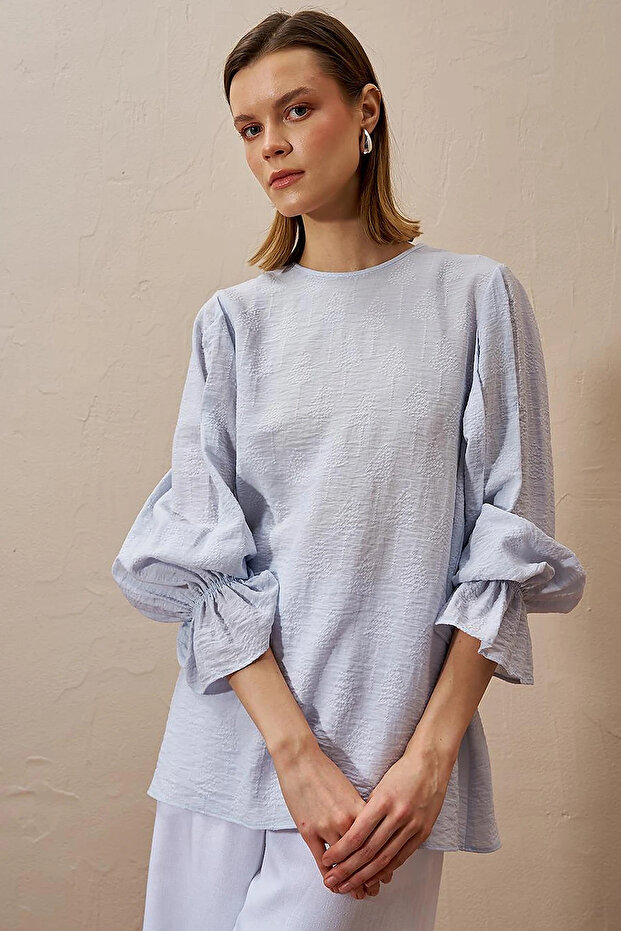 Lace-Up Back Poplin Blouse Blue