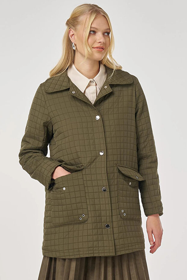 Wide Collar Quilted Jacket Khaki