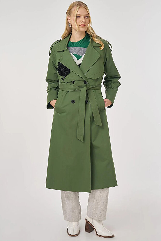 Trench Coat with Embroidery Detail Forest Green
