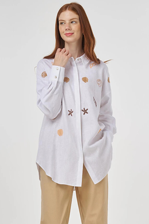 Embroidered Linen Viscose Tunic Optical White