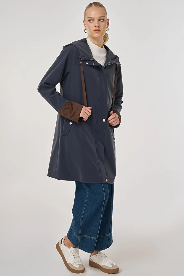 Velvet Paneled Hooded Cap Dark Navy Blue