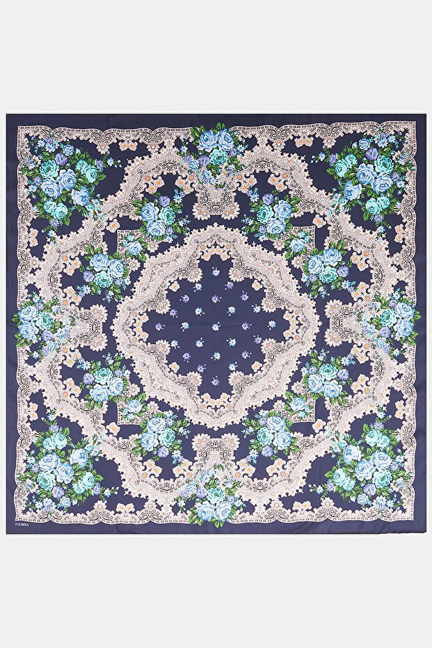 Retro Rose Patterned Scarf Navy Blue
