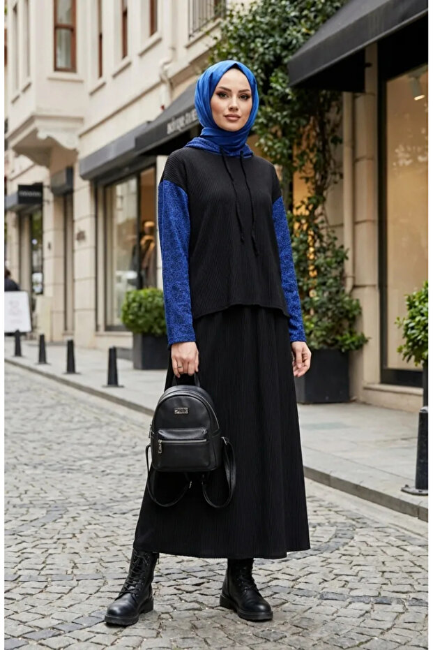 Sim Detailed Hooded Piece Set 2221-02 Black Cobalt