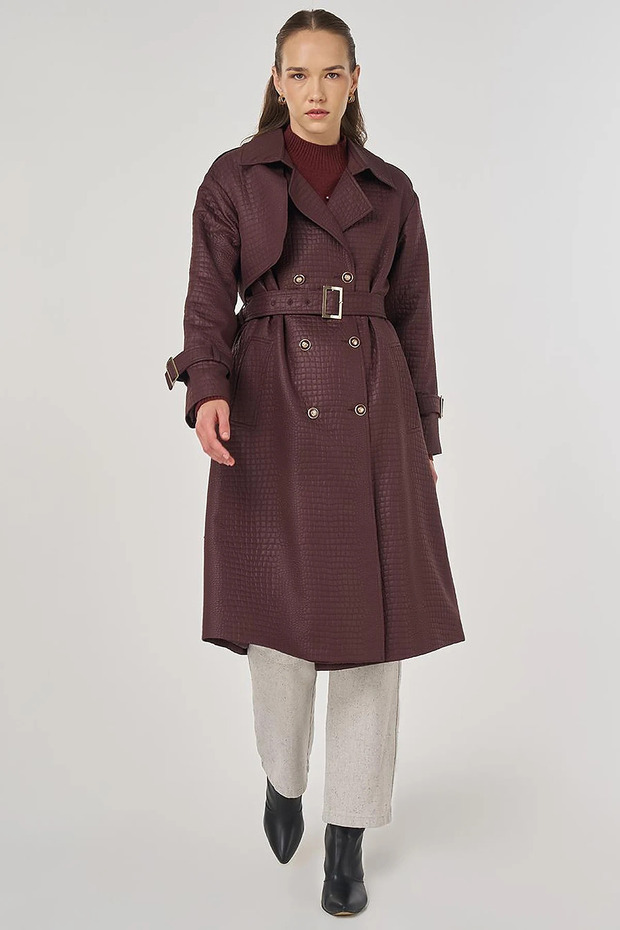 Buckle Detailed Embossed Trench Coat Dark Burgundy