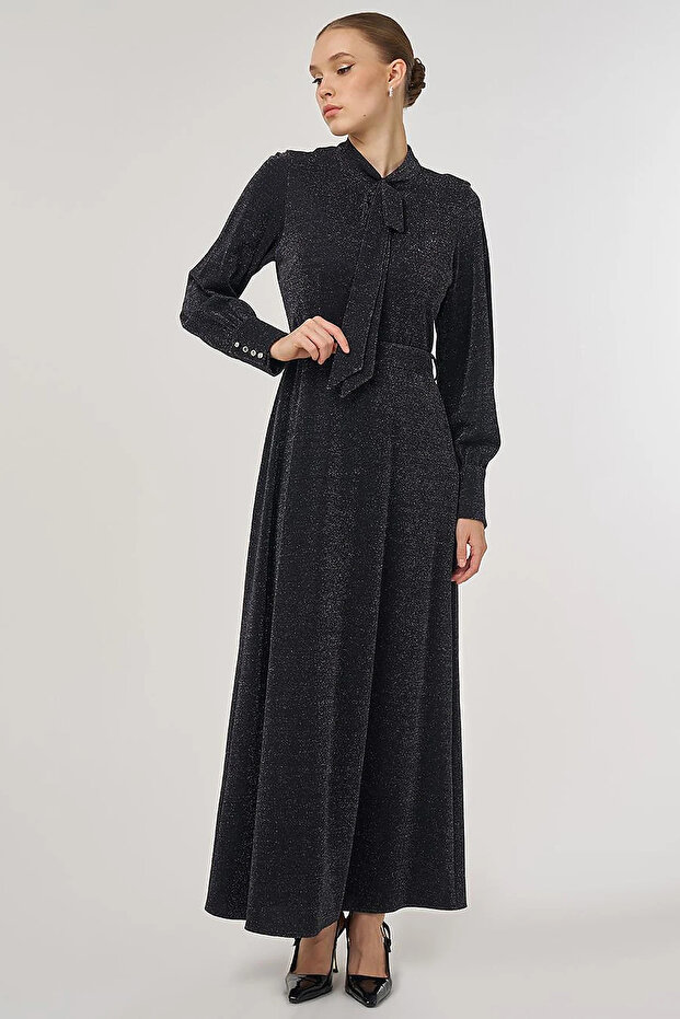 Scarf Collar Stylish Dress Black