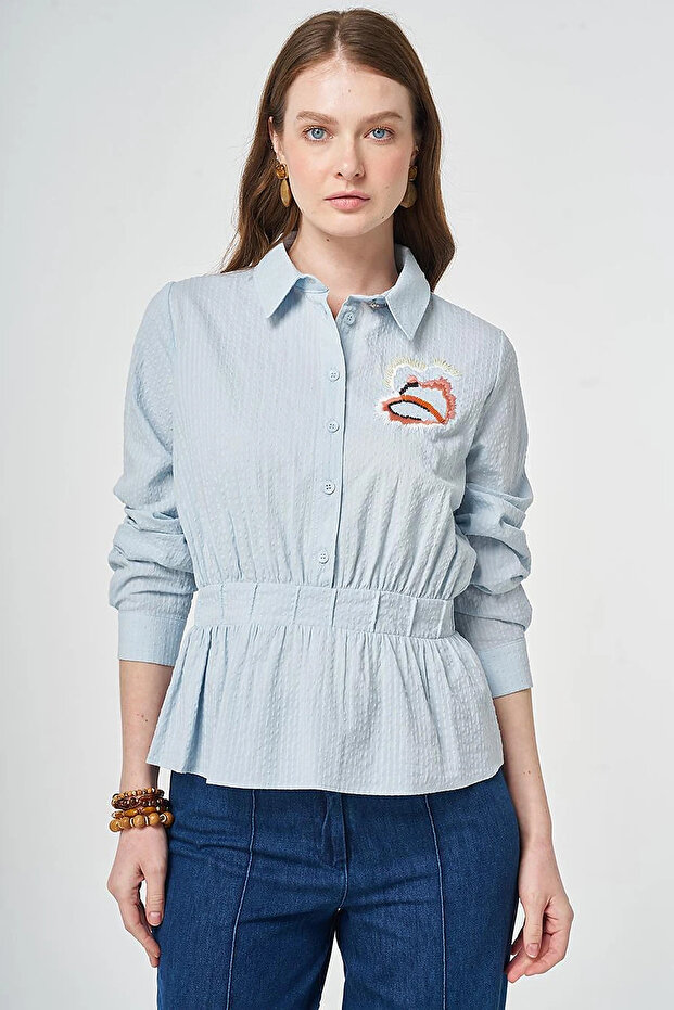 100% Cotton Embroidered Detailed Gofreli Blouse Blue