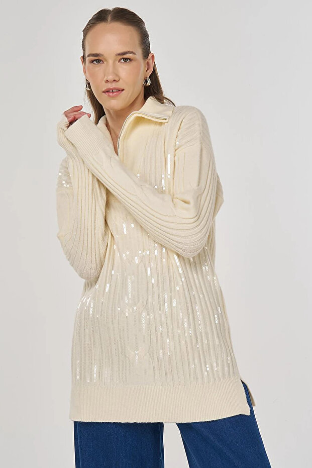 Sequin Embroidered Viscose Knitwear Tunic Beige