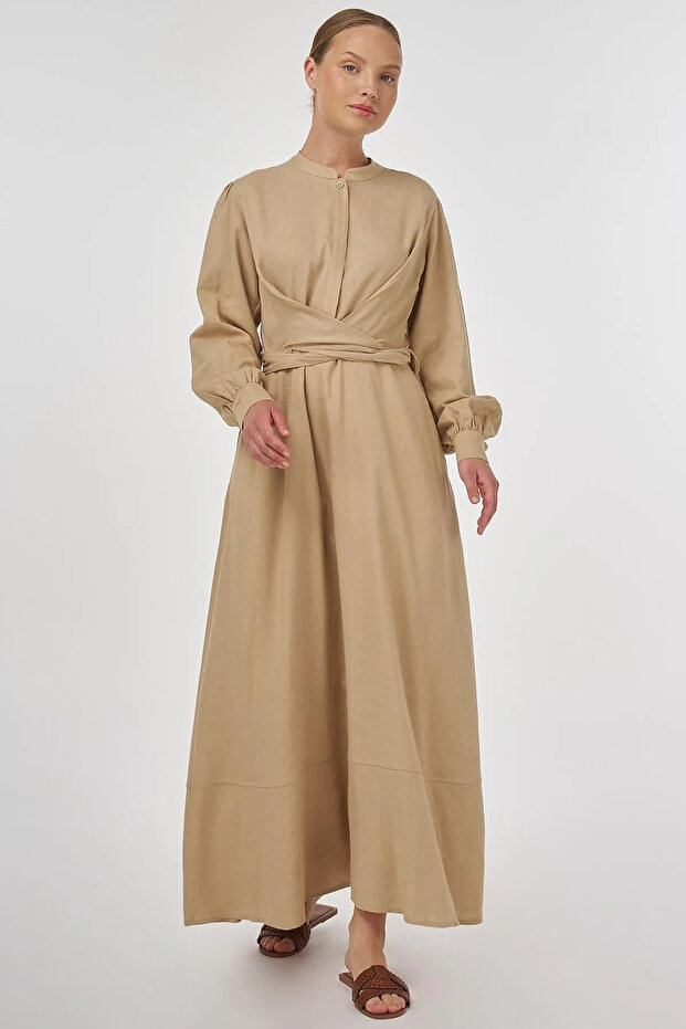 Waist Detailed Linen Viscose Dress Beige
