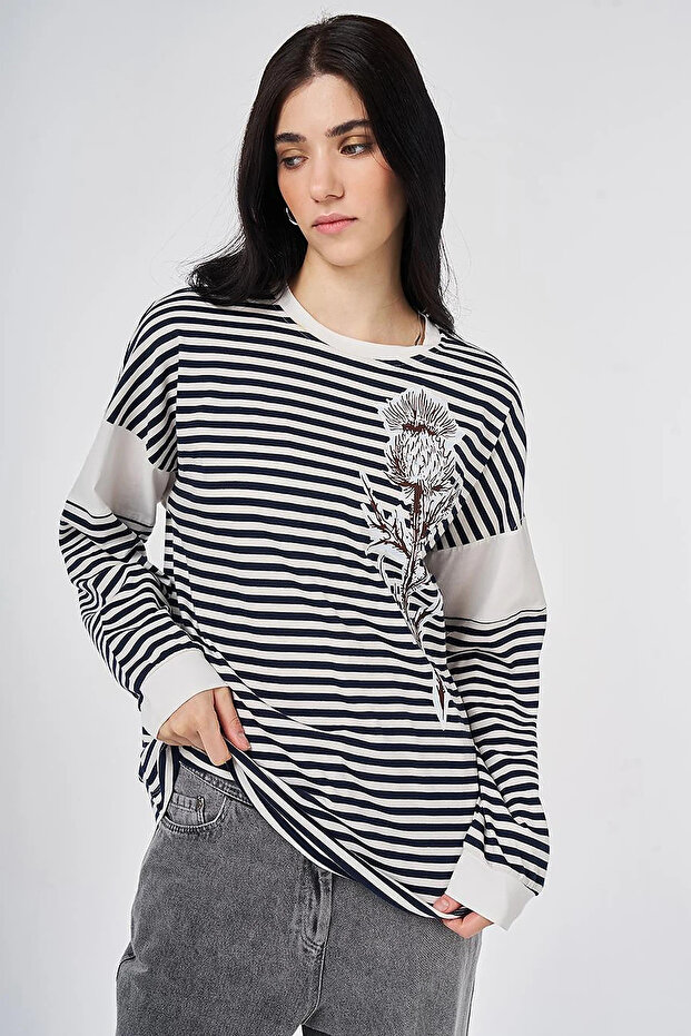 100% Cotton Sweatshirt with Print Detail, Dark Navy Blue