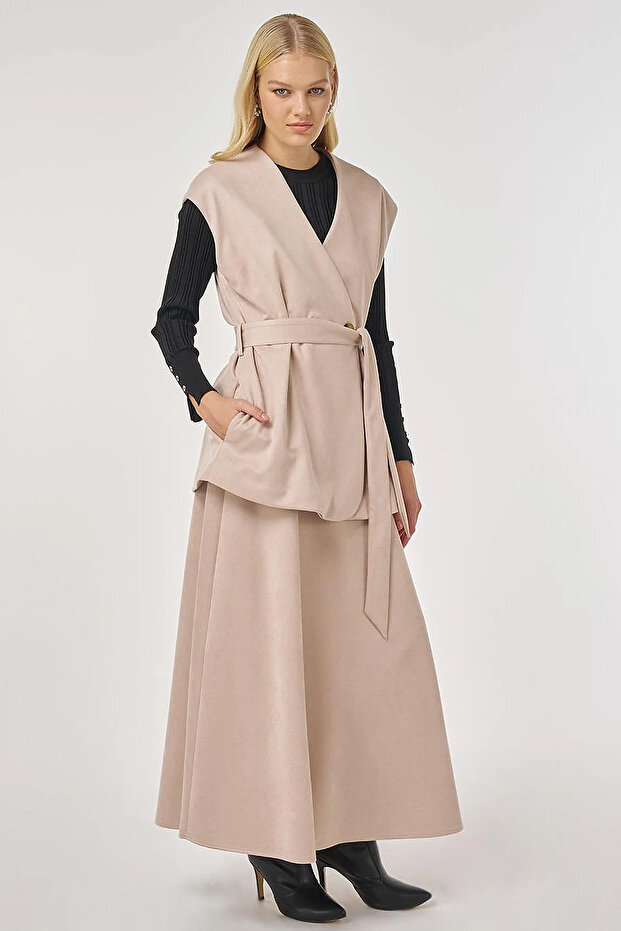 Suede Skirt Suit with Belt Detail Mink