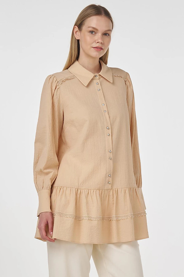 Stripe Detailed Seersucker Tunic Beige