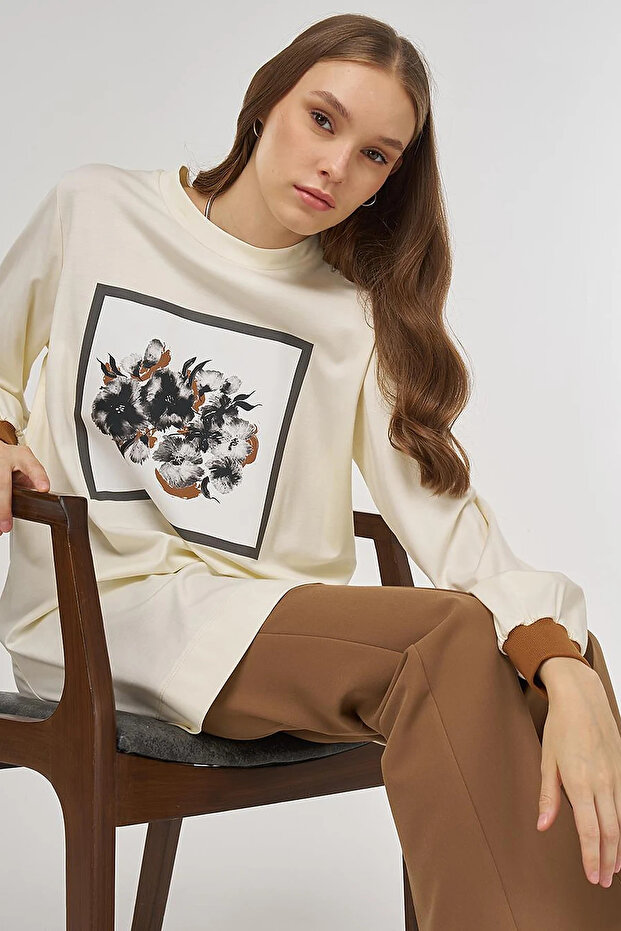 Visually Printed Rayon Sweatshirt Ecru
