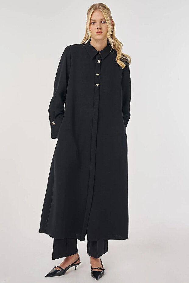 Shiny Buttoned Long Tunic Black