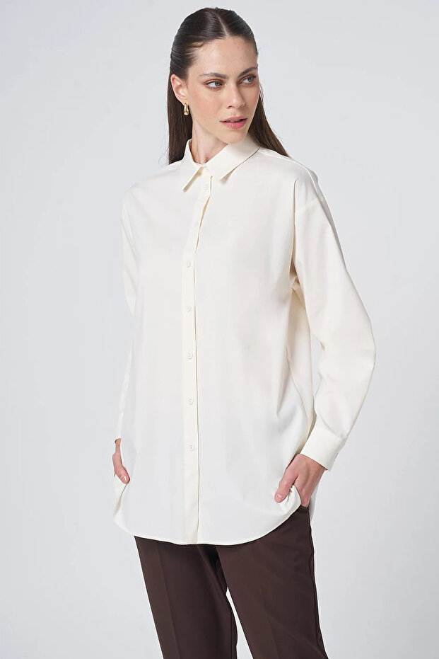 Buttoned Cotton Basic Shirt Ecru