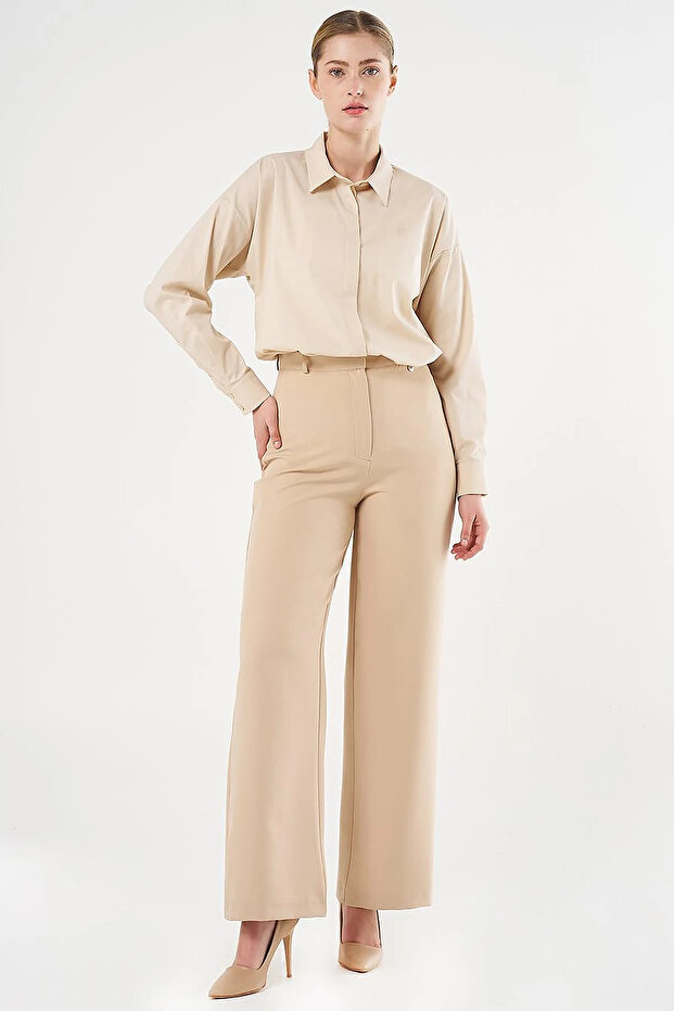 High Waist Basic Trousers Beige