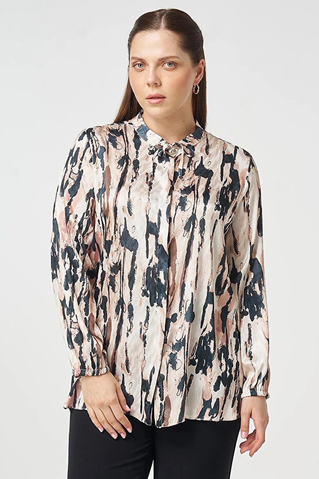 Abstract Pattern Chiffon Blouse Beige