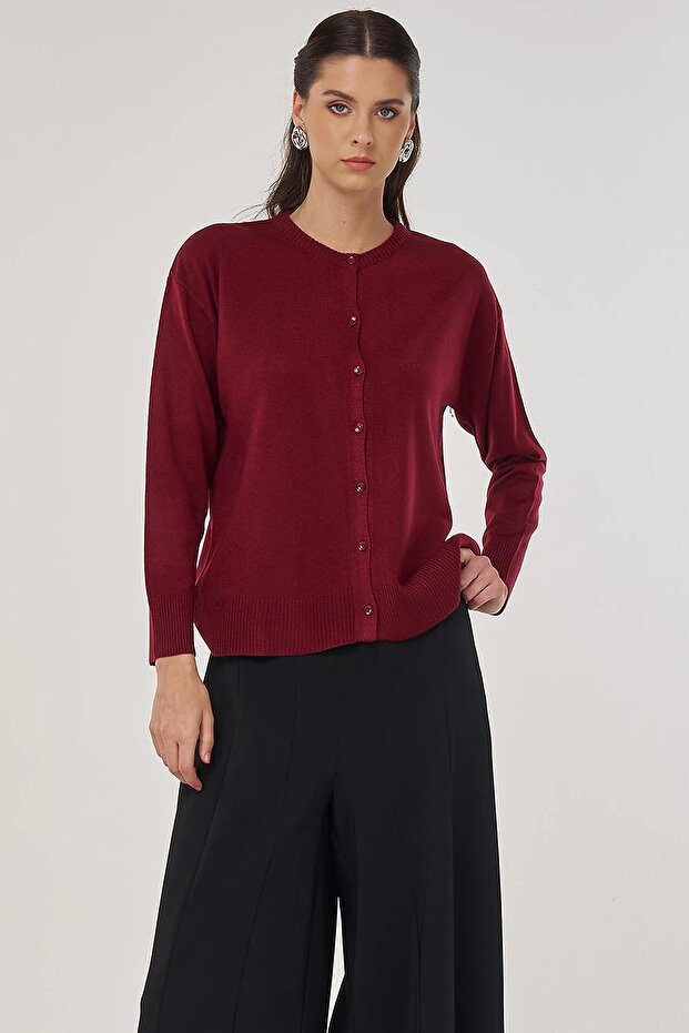Button Detailed Shirt Collar Cardigan Burgundy