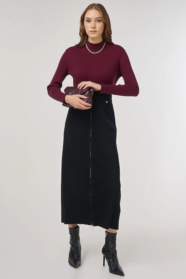 Zipper Detailed Viscose Knitwear Skirt Black