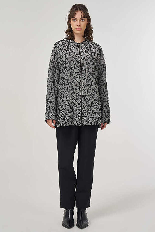 Abstract Pattern Hooded Detailed Jacket Black