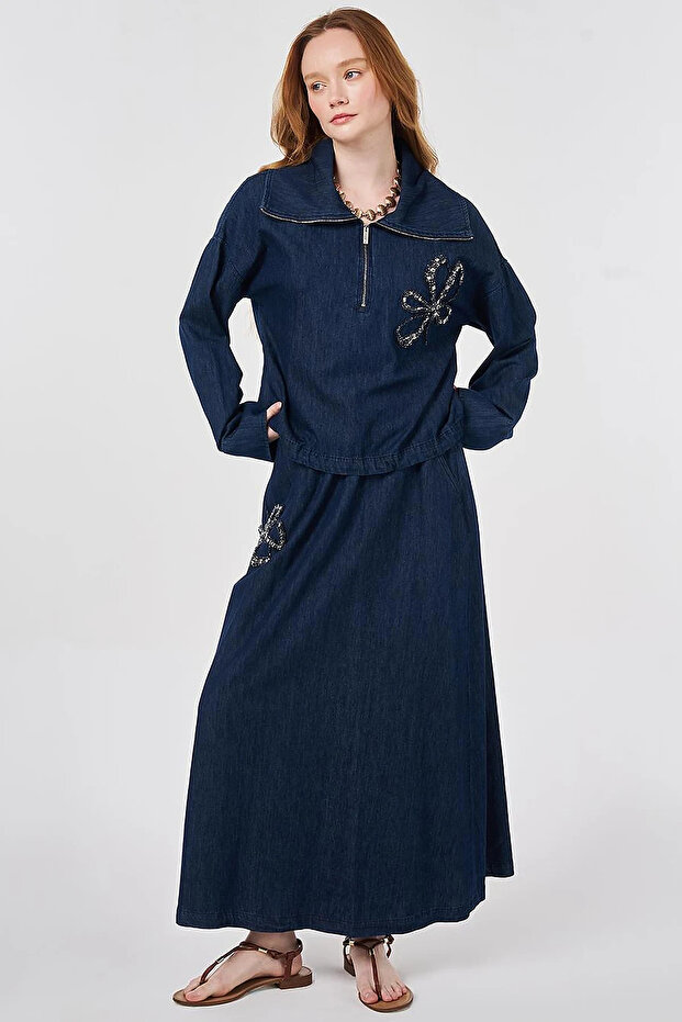 Detailed Processing Denim Suit Navy Blue