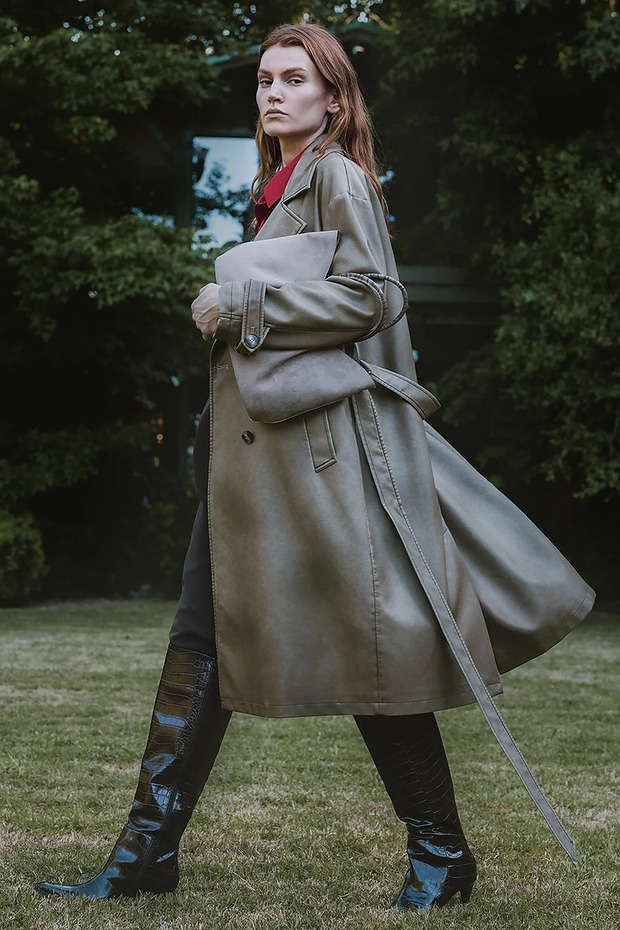 Epaulette Detailed Faux Leather Trench Coat Light Brown