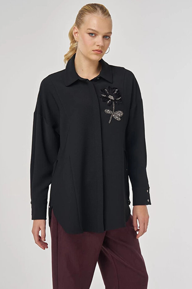 Stylish Tunic with Embroidery Detail Black