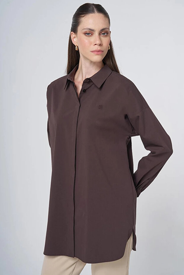 Shirt Collar Basic Poplin Tunic Dark Brown
