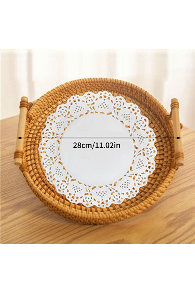 L Woven Rattan Storage Basket with Strap Handle Round Tray for Bread Snacks Fruits Picnic - Home Org