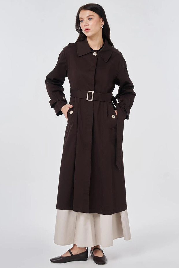 Şömizye Collar Belted Trench Coat Dark Brown