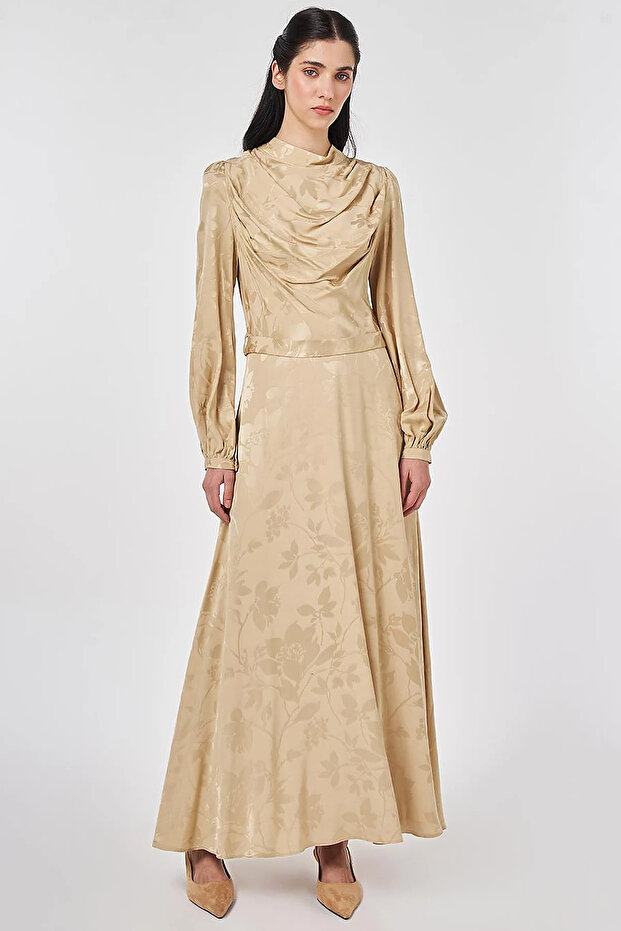 Leaf Pattern Jacquard Dress Light Yellow