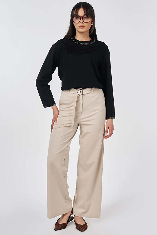 Metal Buckle Rayon Trousers Stone