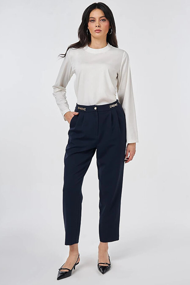 Carrot Trousers with Metal Accessories Dark Navy Blue